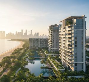 Modern private condominium in Singapore’s Bayshore district, featuring contemporary architecture, coastal surroundings, and an urban skyline, representing economic stability and sustainable city planning.